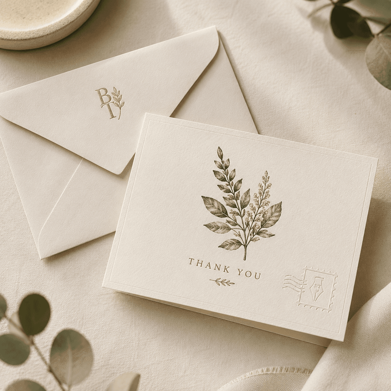 Cream botanical thank-you card with matching envelope