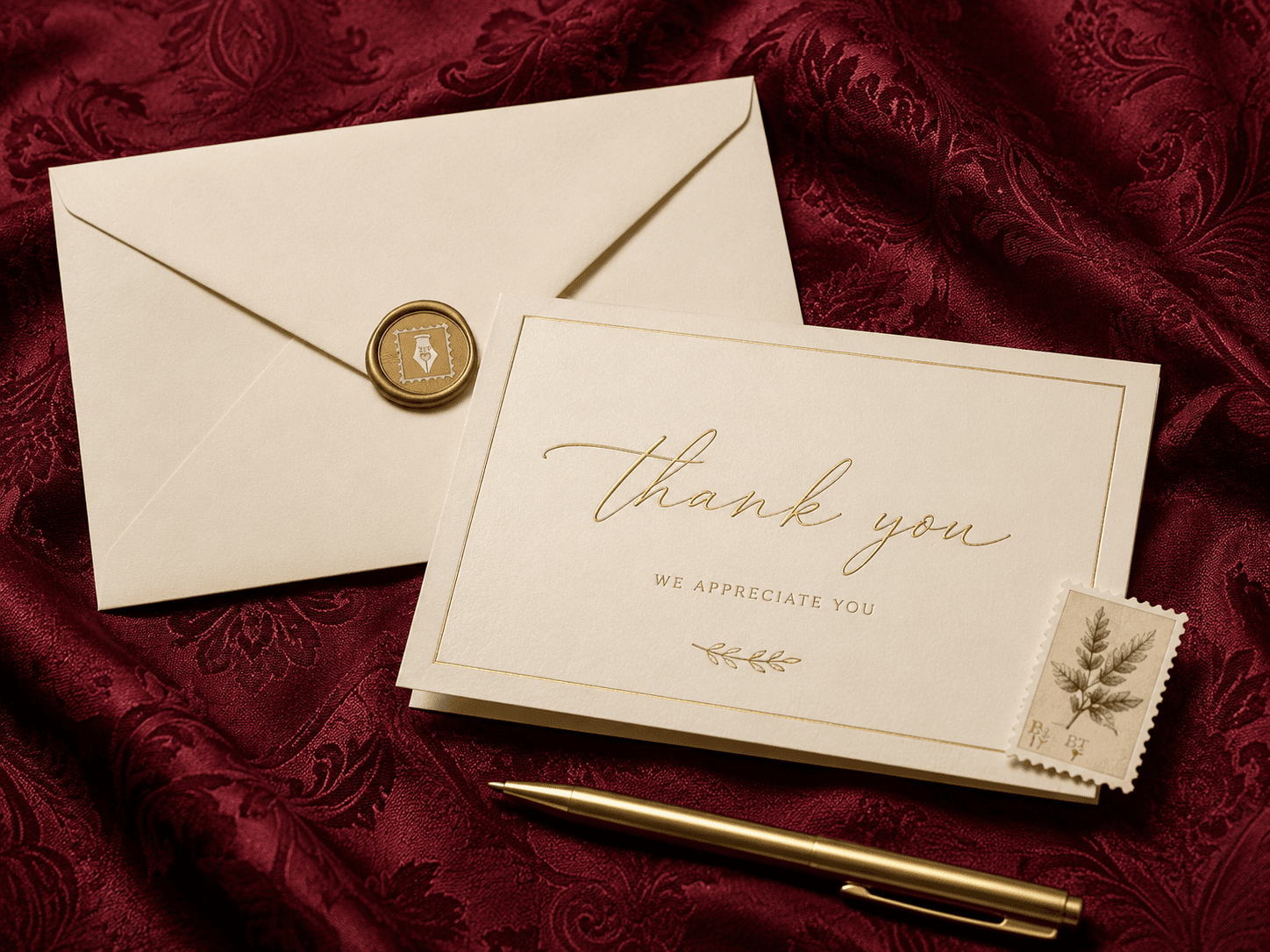 Premium thank-you card, envelope, wax seal, and pen on burgundy silk