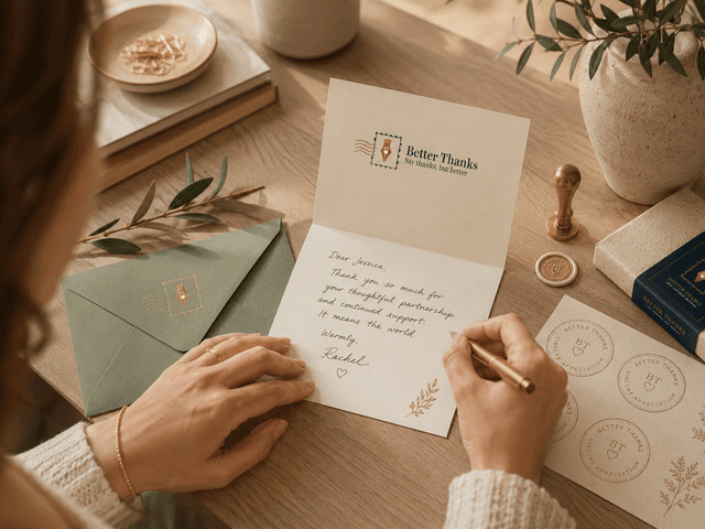 Writing a thank-you letter at a desk