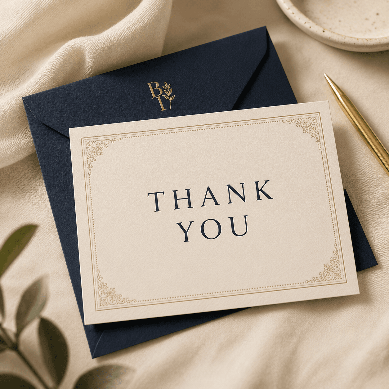 Simple thank-you card on a navy envelope with a gold pen